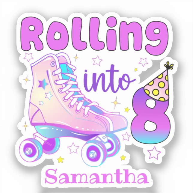 Rolling Into 8| Roller Skater Birthday Celebration Sticker (Front)