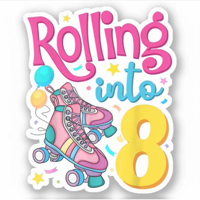 Rolling Into 8 Years Old 8th Birthday Cute Skating Sticker (Front)