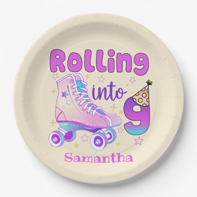 Rolling Into 9| Roller Skater Birthday Celebration Paper Plates (Front)