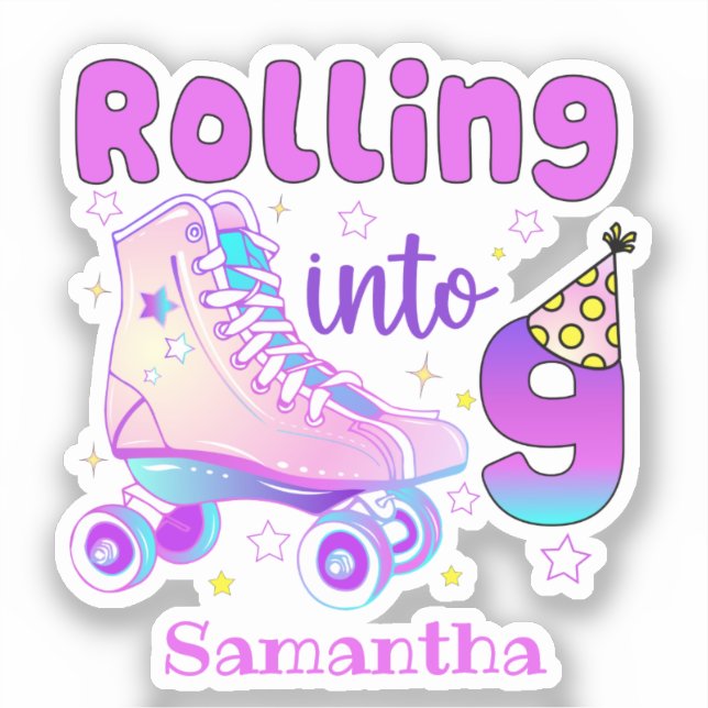 Rolling Into 9| Roller Skater Birthday Celebration Sticker (Front)