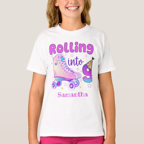 Rolling Into 9 Roller Skater Birthday Celebration T_Shirt