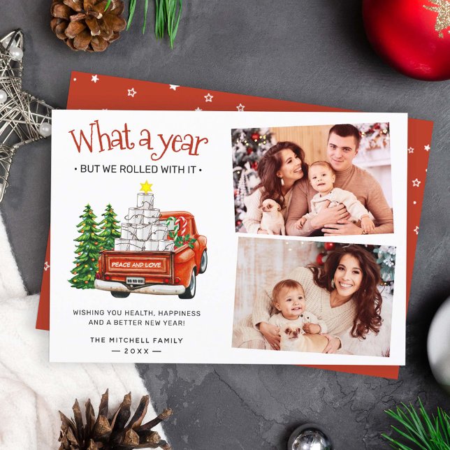 Rolling into Christmas Toilet Paper Tree 2 Photo Holiday Card (Creator Uploaded)
