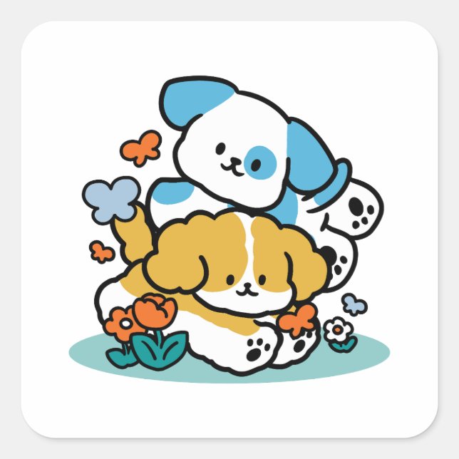 Rolling Into May Like Happy Pups – Cute Spring Dog Square Sticker (Front)