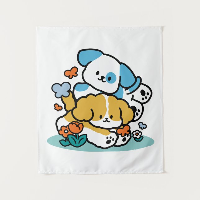 Rolling Into May Like Happy Pups – Cute Spring Dog Tapestry (Front)