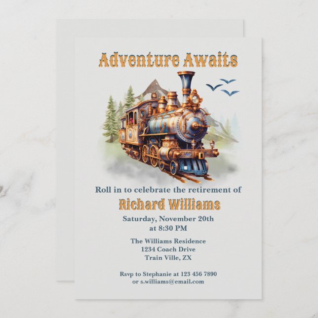 Rolling into Retirement Vintage Train Mountains  Invitation (Front/Back)