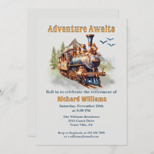 Rolling into Retirement Vintage Train Mountains Invitation