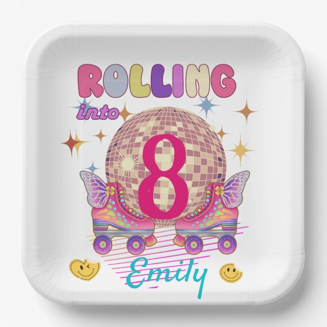 Rolling Into Skate Roller Birthday Girl Matching Paper Plates (Front)