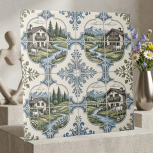 Rolling Meadow Grazing Cow Rustic Mountain Collage Ceramic Tile
