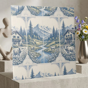 Rolling Meadow Grazing Cow Rustic Mountain Scenic Ceramic Tile