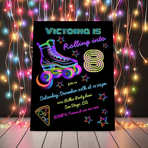 Rolling Neon Roller Skating Birthday Party Invitation
