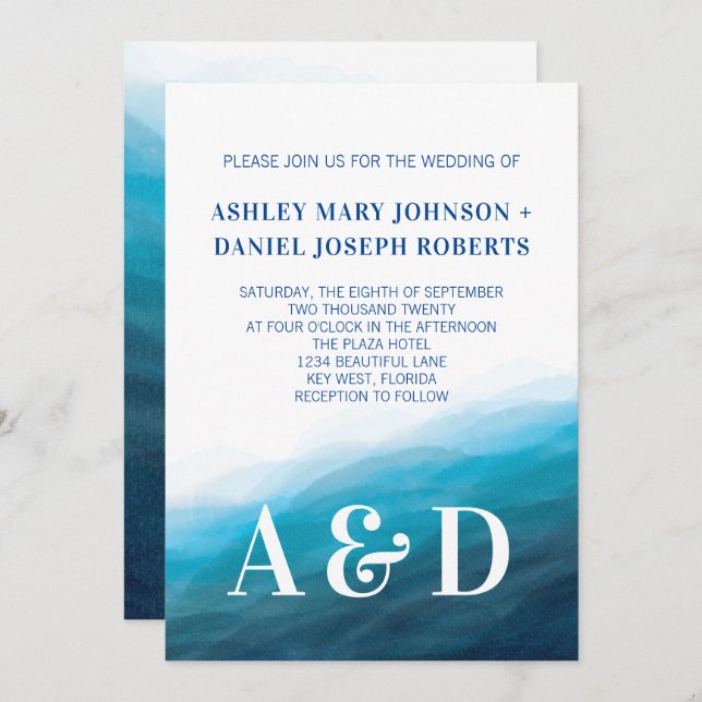 Rolling Ocean Waves Wedding Invitation, Turquoise Invitation (Front/Back)