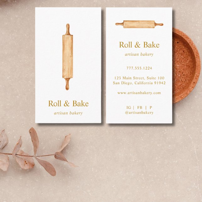 Rolling Pin Bakery Chef Caterer Gold Script Business Card (Creator Uploaded)