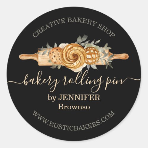 Rolling Pin Bakery Cookies Breads elegant black Classic Round Sticker