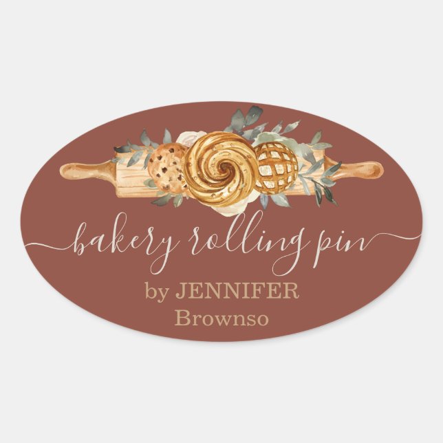 Rolling Pin Bakery Cookies Breads elegant brown Oval Sticker (Front)