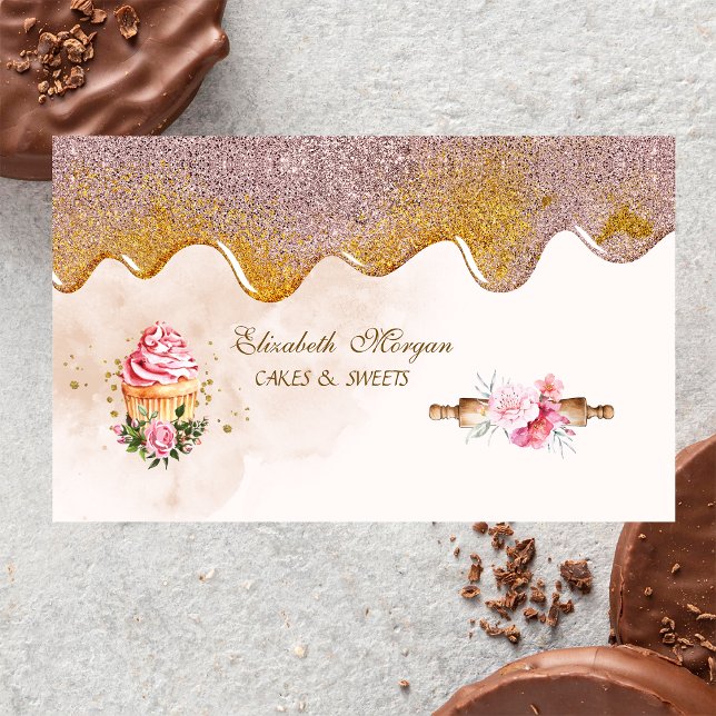 Rolling Pin Flowers Cupcake Bakery Drips Business Card (Creator Uploaded)
