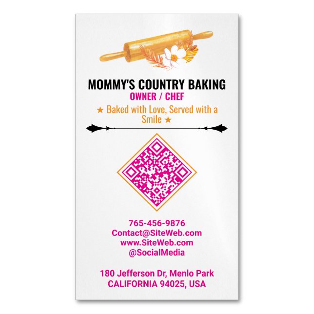 Rolling Pin Logo & Slogan | Premade QR Code Bakery Business Card Magnet (Front Vertical)