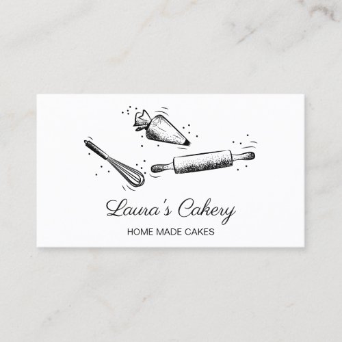 rolling pin  whisk cupcake Bakery Black and White Business Card