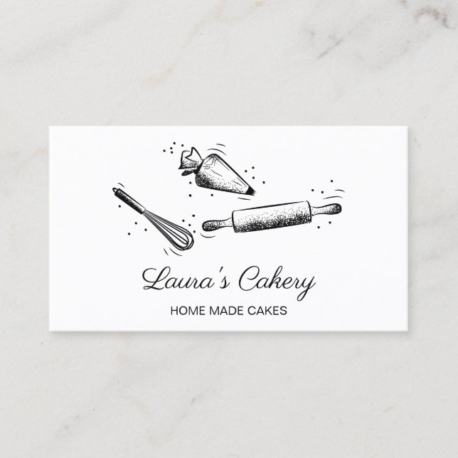 rolling pin & whisk cupcake Bakery Black and White Business Card (Front)