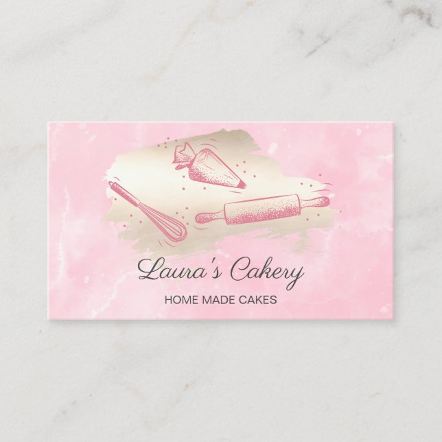 rolling pin & whisk cupcake Bakery blush pink Business Card (Front)