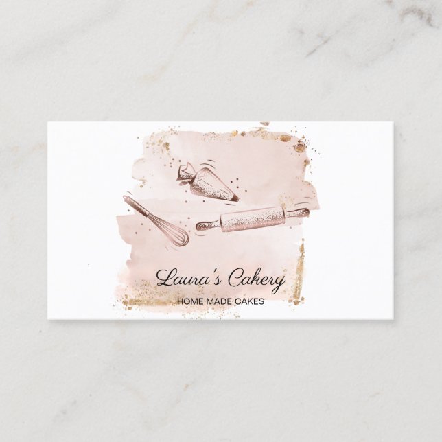 rolling pin & whisk cupcake Bakery blush pink Business Card (Front)
