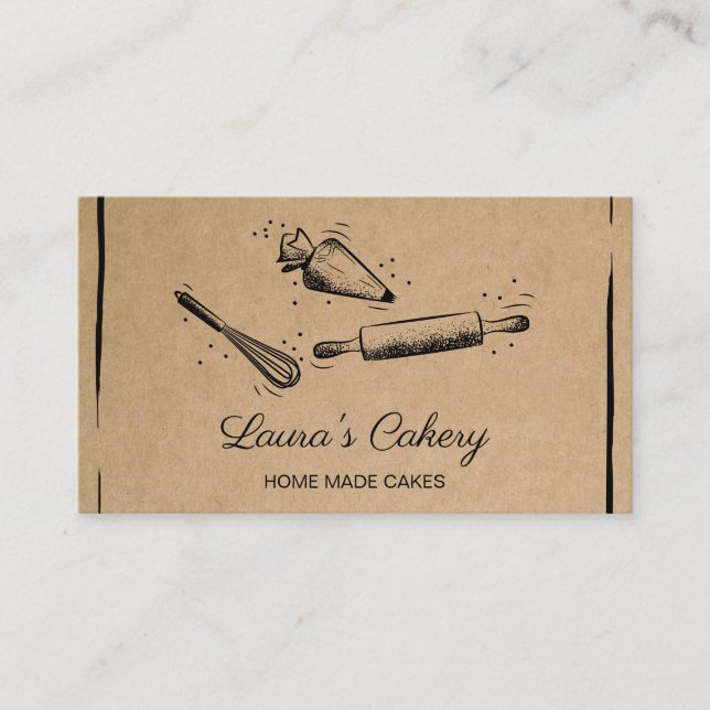 rolling pin & whisk cupcake Bakery Craft Paper Business Card (Front)