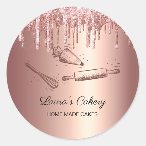 rolling pin  whisk cupcake Bakery Dripping Gold B Classic Round Sticker