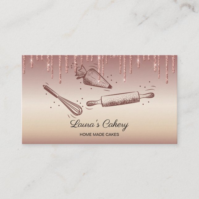 rolling pin & whisk cupcake Bakery Dripping Gold Business Card (Front)