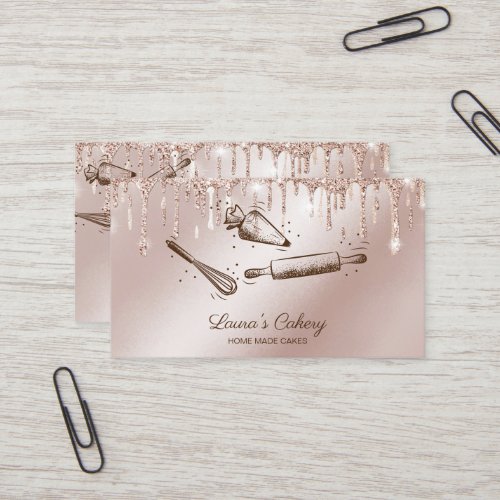 rolling pin  whisk cupcake Bakery Dripping Gold Business Card