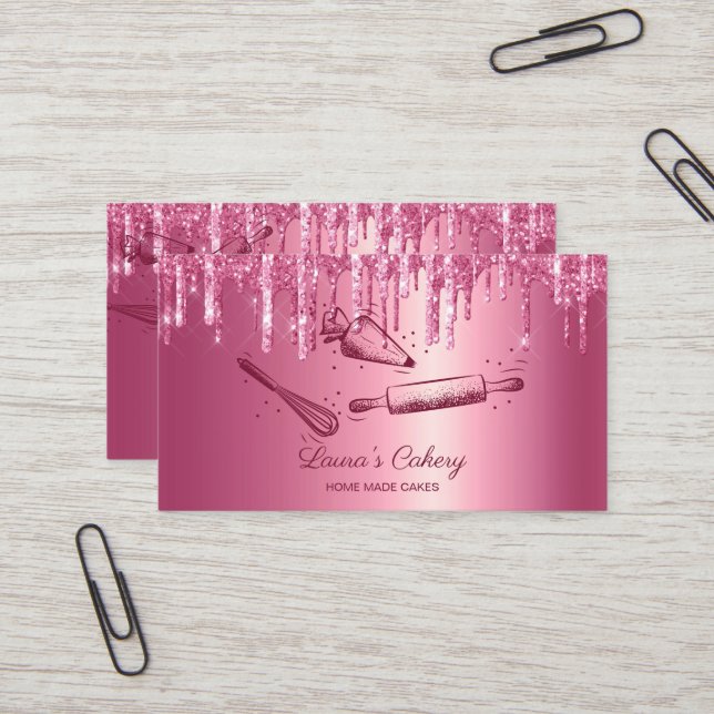 rolling pin & whisk cupcake Bakery Dripping Pink Business Card (Front/Back In Situ)