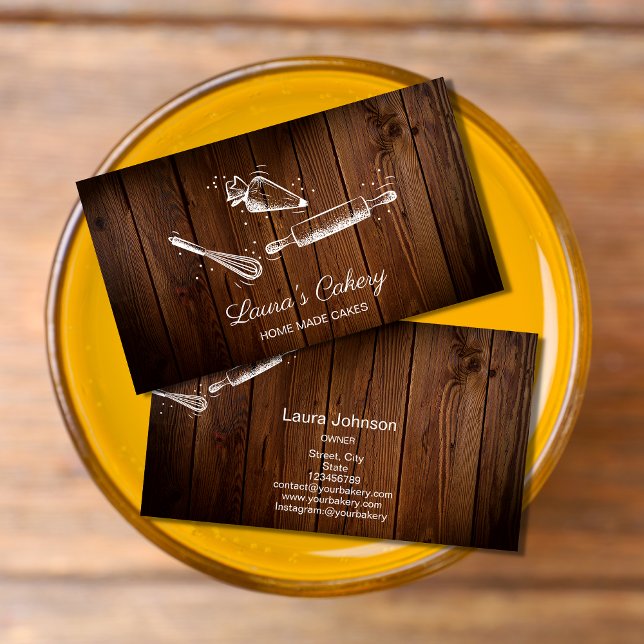 rolling pin & whisk cupcake Bakery Rustic Wood Business Card (Creator Uploaded)