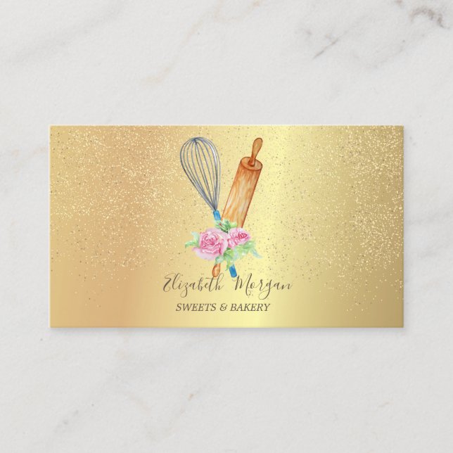 Rolling Pin Whisk Rose Gold Confetti Bakery Business Card (Front)