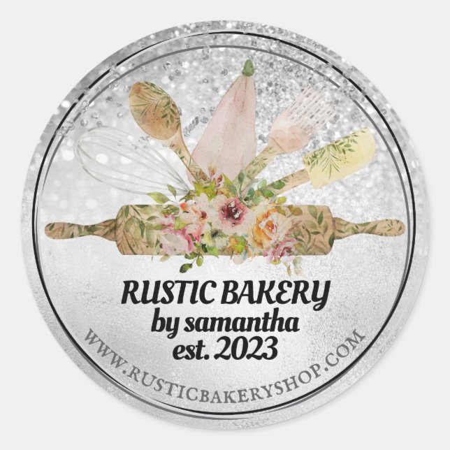 rolling pin whisk rustic bakery silver classic round sticker (Front)