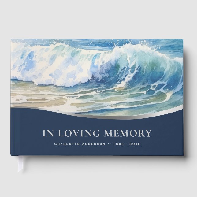 Rolling Waves Blue Silver Funeral Guest Book (Front)