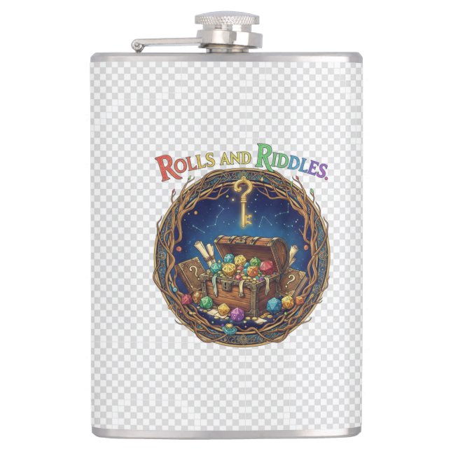 Rolls and Riddles – Luck Meets Logic T-Shirt Flask (Front)