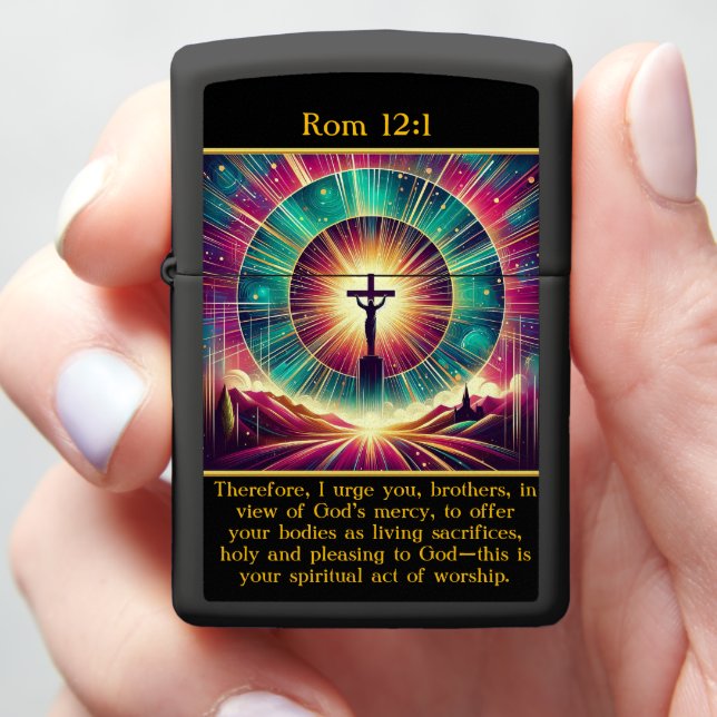 Rom 12:1 A radiant moment of Jesus on the cross  Zippo Lighter (In Hand)