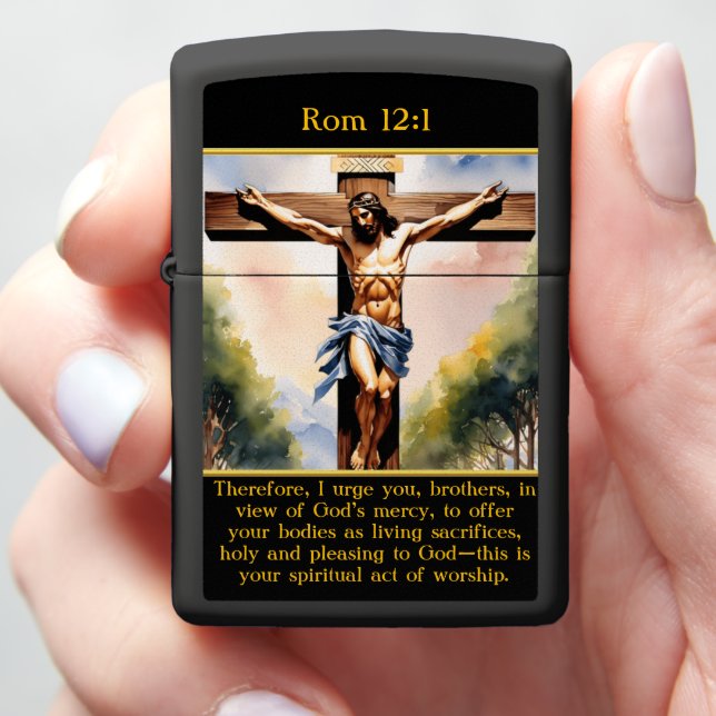 Rom 12:1 Savior Above Mountain Heights Zippo Lighter (In Hand)