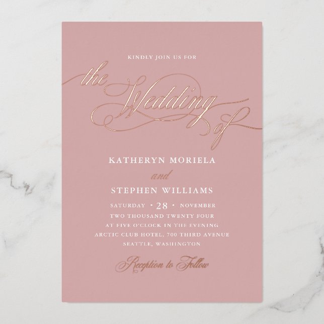 Roman Classic Script Calligraphy Wedding Rose Gold Foil Invitation (Front)