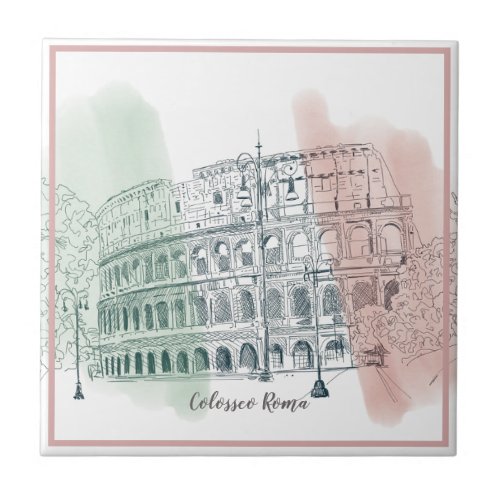 Roman Colosseum Italian Flag Colors Pen and Ink Ceramic Tile