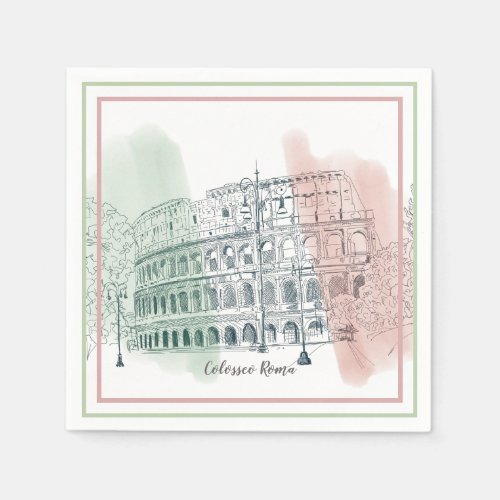 Roman Colosseum Italian Flag Colors Pen and Ink Napkins
