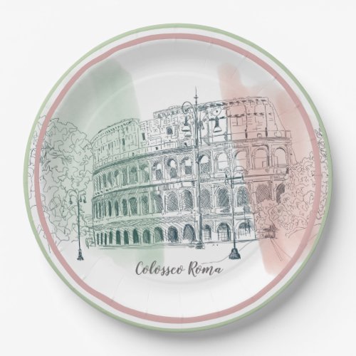 Roman Colosseum Italian Flag Colors Pen and Ink Paper Plates