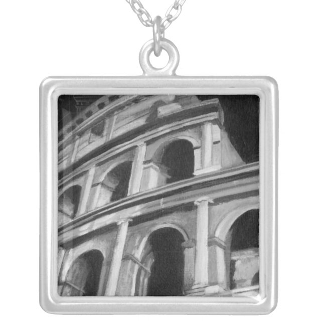 Roman Colosseum with Architectural Drawings Silver Plated Necklace (Front)