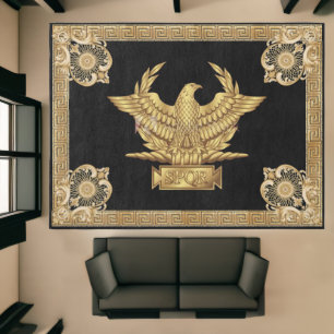 Roman Empire Eagle Emblem and Motto Aubusson Black Rug