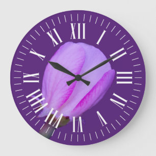 Roman Hour and Minute Marks on Pink Floral Blossom Large Clock