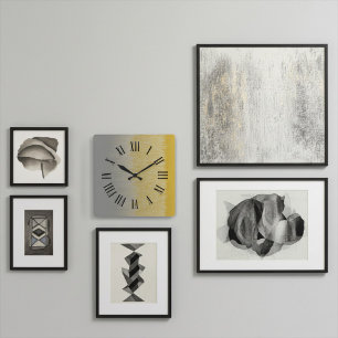 Roman Hour Markers, Black on Gold and Silver Hues Square Wall Clock