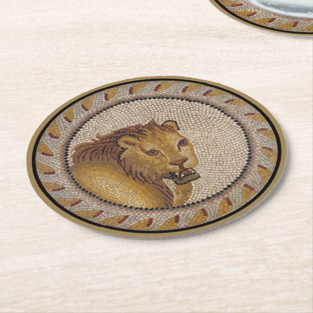 Roman Lion Mosaic Round Paper Coaster (Angled)