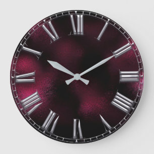 Roman Number Beetroot Burgundy Silver Gray Metal Large Clock