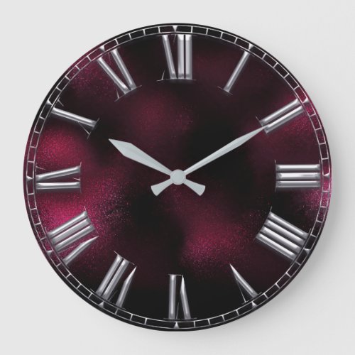 Roman Number Beetroot Burgundy Silver Gray Metal Large Clock