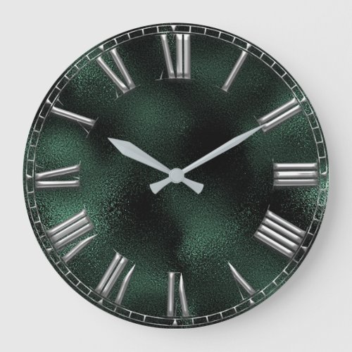 Roman Number Tropical Monstera Green Gray Metallic Large Clock