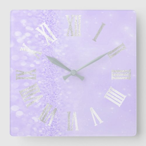 Roman Numbers Silver Gray Lavender Glitter Glam Square Wall Clock