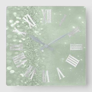 Roman Numbers Silver Gray Mint Green Glitter Glam Square Wall Clock